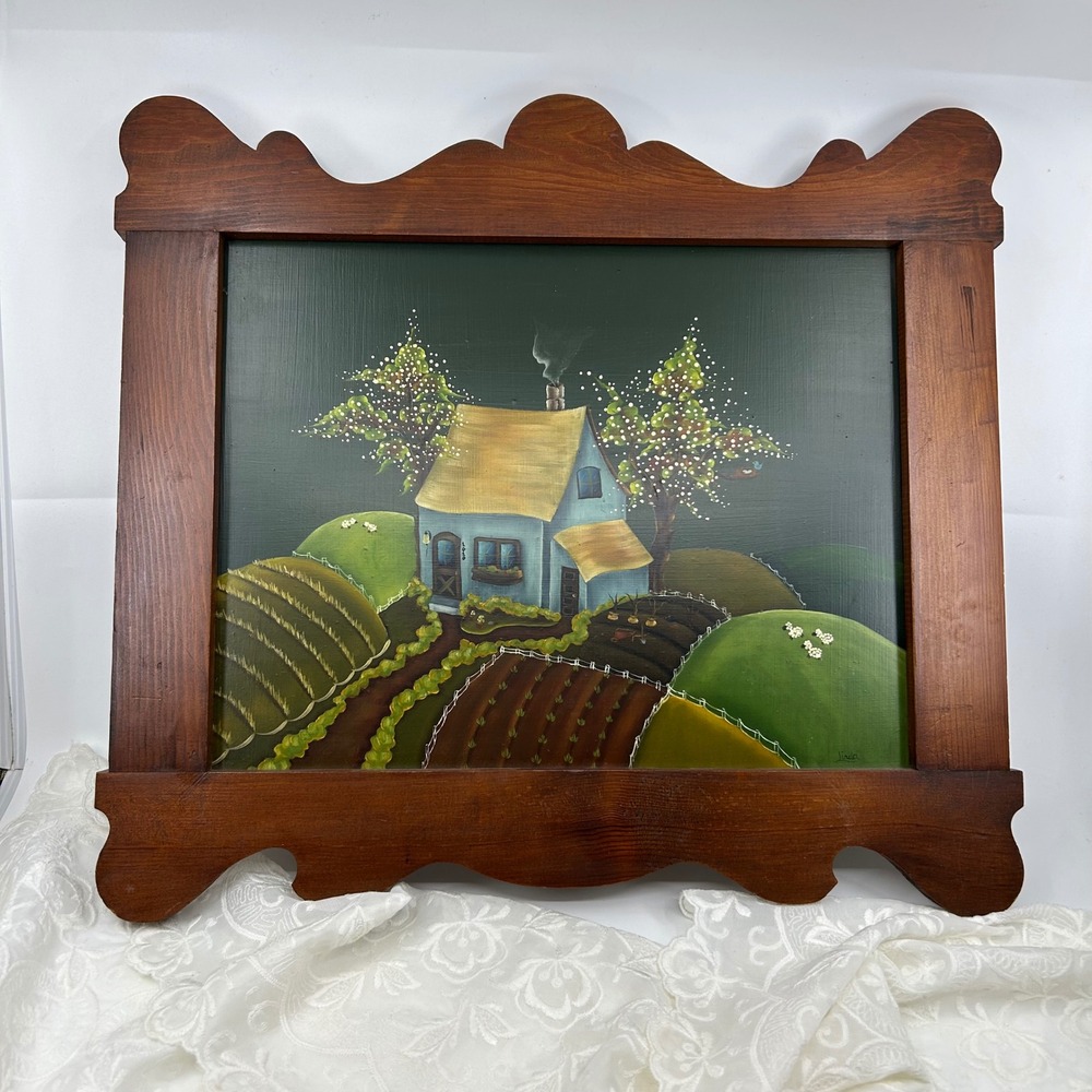 Vintage Hand-painted Farm House Landscape Cottagecore Ornate Wooden Wall Art